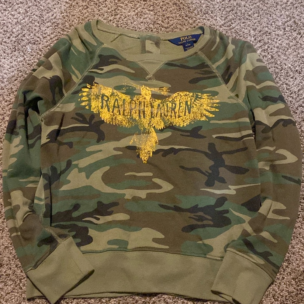 Polo by Ralph Lauren Girls Green Camo Sweatshirt with Yellow Graphic